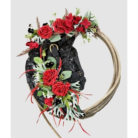 Artificial Floral Wreath With Red Roses & Greenery On Black Textured Base & Rope - Picture 7 of 14